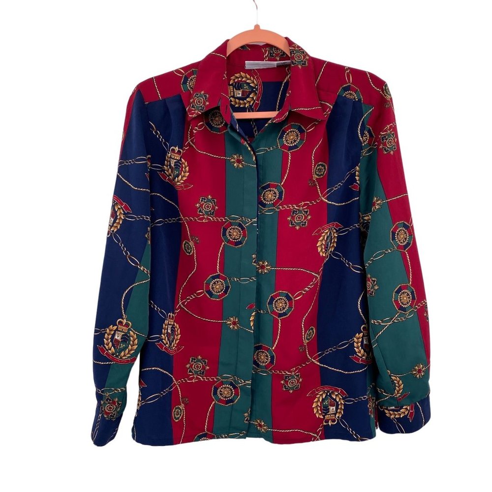 Vintage Alfred Dunner color block preppy button front blouse shirt size 8 medium
